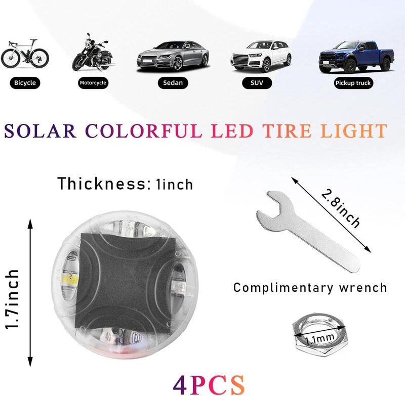 Wevdn 4 PCS Car Tire Wheel Lights, Colorful Solar LED Tire Valve Cap Lamp with Motion Sensor, Waterproof Flash Valve Stem Caps Lights for Cars, Truck, Bicycles, Motorcycles (4 PCS) - Image 2
